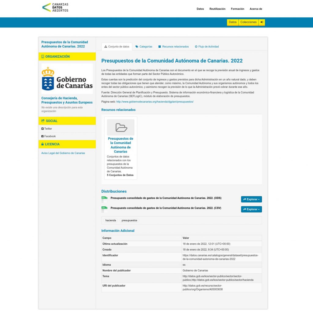 Publicados en formato abierto los Presupuestos Generales de la Comunidad Autónoma de Canarias, Canarias Datos Abiertos